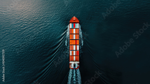 Large cargo ship gliding through calm waters, creating gentle waves. vibrant colors of ship contrast beautifully with deep blue sea, evoking sense of tranquility and adventure