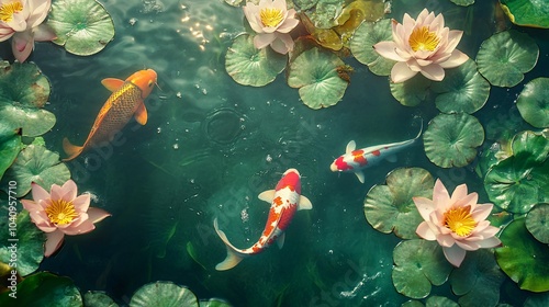 2410 54.A detailed view of a lotus pond, filled with blooming lotus flowers and floating leaves. Bright koi fish swim beneath the water, surrounded by aquatic plants, creating a vibrant and tranquil
