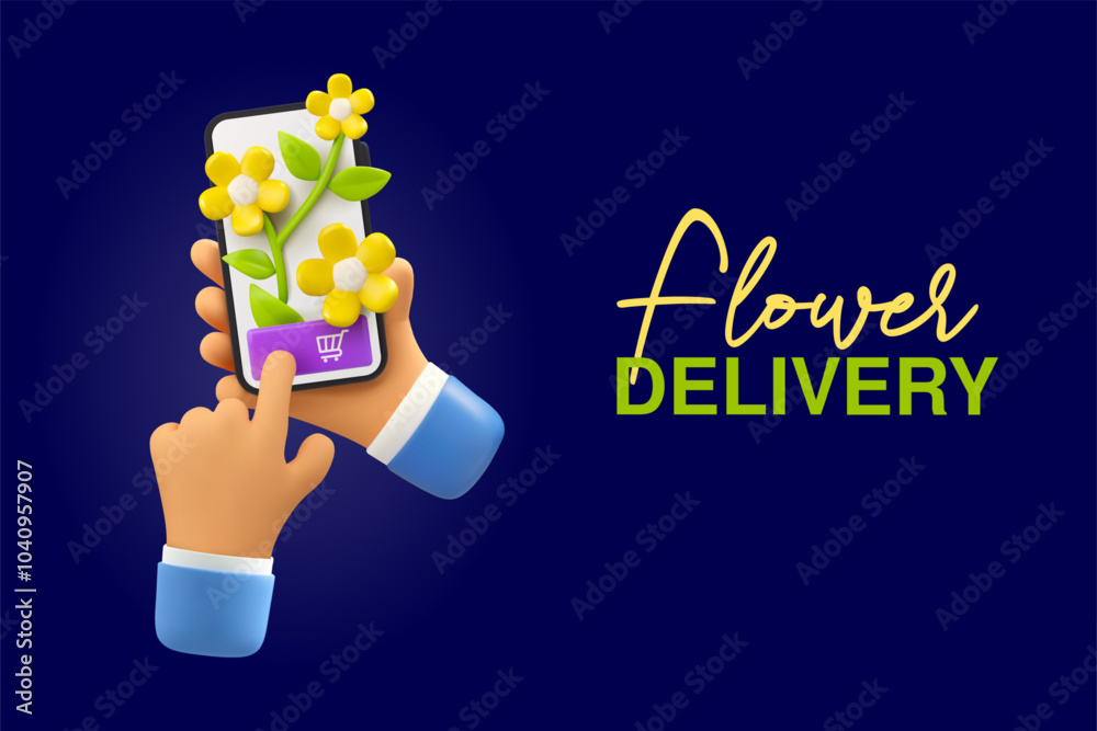 Fototapeta premium Flower delivery vector 3d icon. Cartoon banner mockup, flower shop online order by mobile phone app.