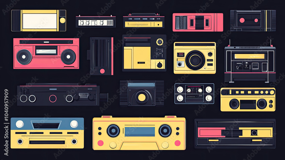 Obraz premium Radio, tape recorder, music products, cassette tapes, black background illustrations