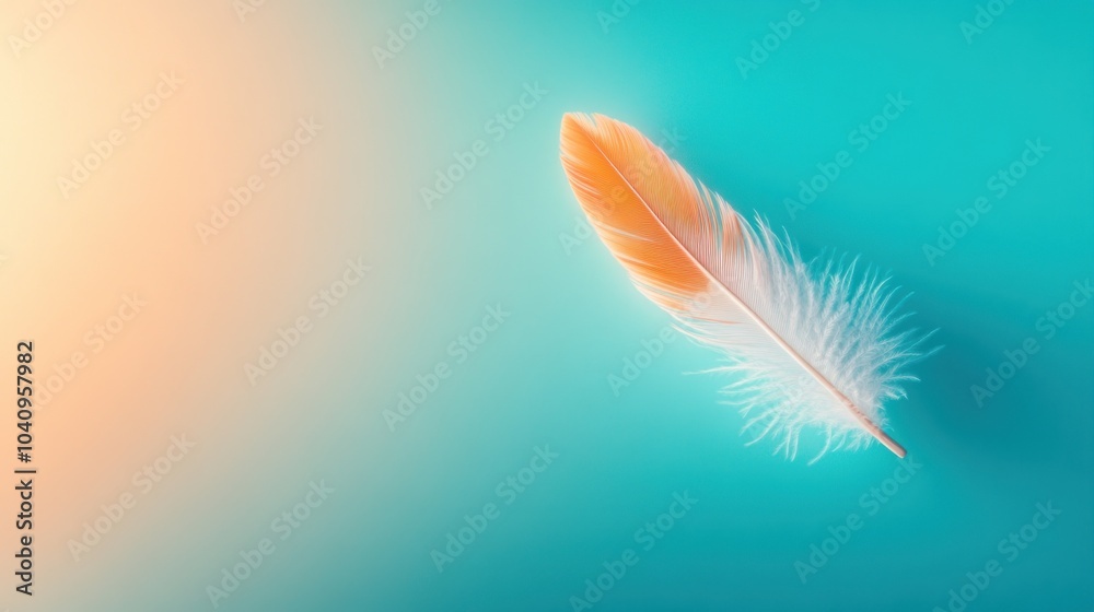 A delicate orange feather floating gracefully on a soft turquoise background capturing the beauty of nature's artistry A delicate orange feather floating gracefully on a soft turquoise background capturing the beauty of nature's artistry
