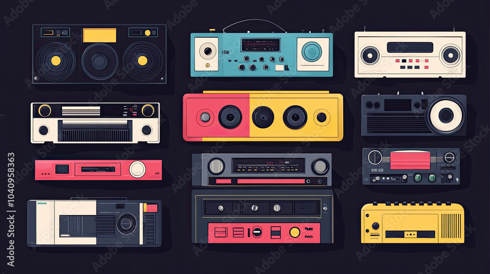 Fototapeta premium Radio, tape recorder, music products, cassette tapes, black background illustrations