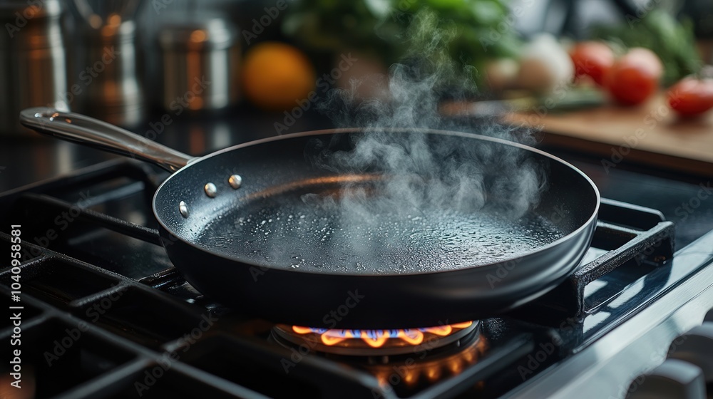 A steaming frying pan on a stove, ready for cooking. A steaming frying pan on a stove, ready for cooking.
