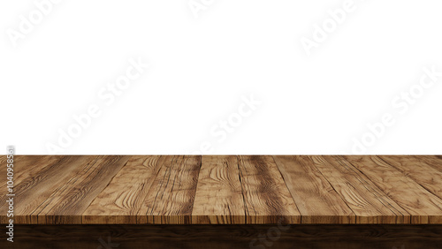 Empty wooden tabletop isolated on transparent background, perfect for product placement. PNG file
