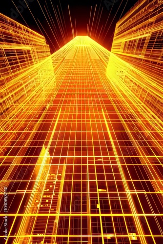 Residential skyscraper 3D Hologram Wireframe in Orange Neon Light