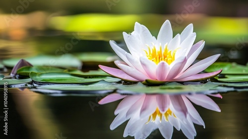 2410 81.Close-up of a white and light pink water lily floating on a pond, surrounded by a cluster of vibrant green lily pads. The still water captures the delicate reflection of the flowers, adding