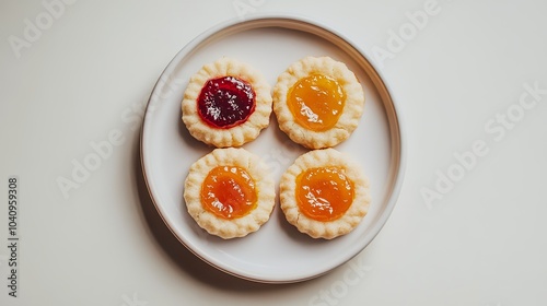 Four small, round cookies filled with fruit jam on a white plate.