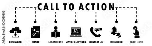 Call to action banner web icon vector illustration concept with icon of download, share, learn more, watch our video, contact us, subscribe, and click here