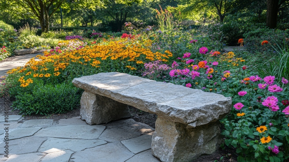 Stone Bench Surrounded by Vibrant Flowers in a Garden Stone Bench Surrounded by Vibrant Flowers in a Garden