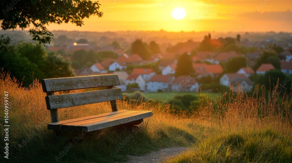 Fototapeta premium A Wooden Bench Overlooking a Village at Sunset
