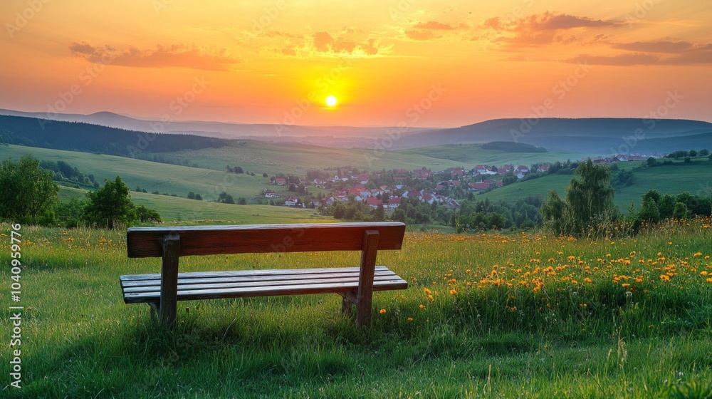 Sunset View Over a Village with a Wooden Bench in the Foreground Sunset View Over a Village with a Wooden Bench in the Foreground