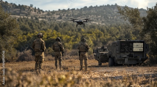 Soldiers operate a drone in a mountainous terrain, showcasing military technology and surveillance capabilities in a natural environment.