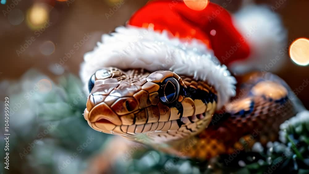 A festive snake wearing a Santa hat explores colorful holiday decorations during the winter season A festive snake wearing a Santa hat explores colorful holiday decorations during the winter season