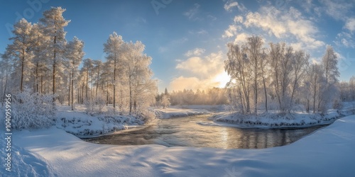 A panoramic view of a snowy forest with a river flowing through it. The sun is shining brightly in the sky, creating a beautiful winter landscape.