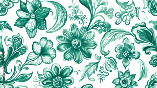 2410 107.A retro batik-style vector illustration of hand-drawn green watercolor flowers and paisley motifs, arranged in a seamless background pattern. The intricate floral elements evoke a sense of