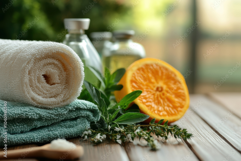 A towel is laying on a table next to a bottle of lotion and a bottle of orange juice