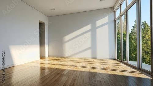 Wallpaper Mural Sunlight streams through a large window in an empty room, casting long shadows on the hardwood floor Torontodigital.ca