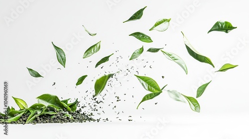 Green tea leaves floating in mid-air, with some falling and transforming into tea dust.