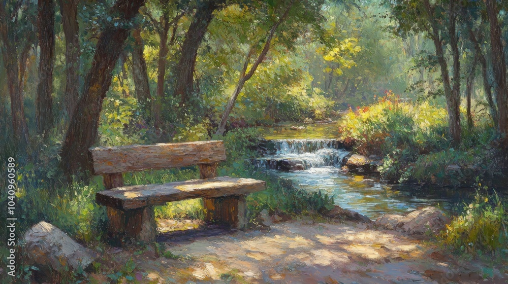 A Wooden Bench Overlooking a Serene Forest Stream A Wooden Bench Overlooking a Serene Forest Stream
