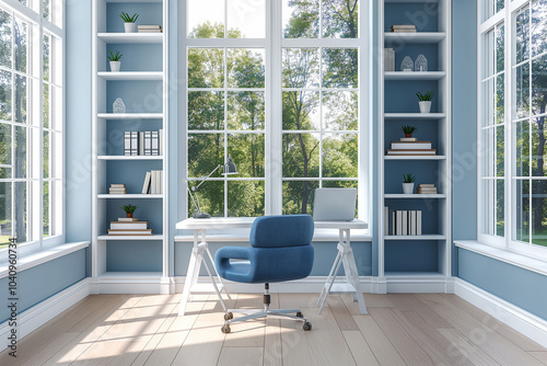 Serene home office with soft blue walls, a white desk, blue ergonomic chair, and minimalist blue shelving, all complemented by large white-framed windows.
