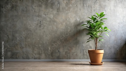 A potted plant with lush green foliage stands alone against a weathered concrete wall, its earthy tones complementing the cool grey backdrop.