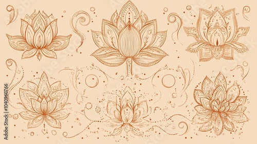 2410 125.A vector illustration featuring a variety of lotus mehndi flower patterns, each delicately outlined with intricate details. The floral motifs are adorned with ornamental curls and dots,