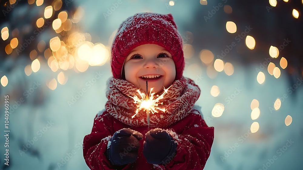 Child Holding Sparkler in Winter, Smiling at the Lights Child Holding Sparkler in Winter, Smiling at the Lights