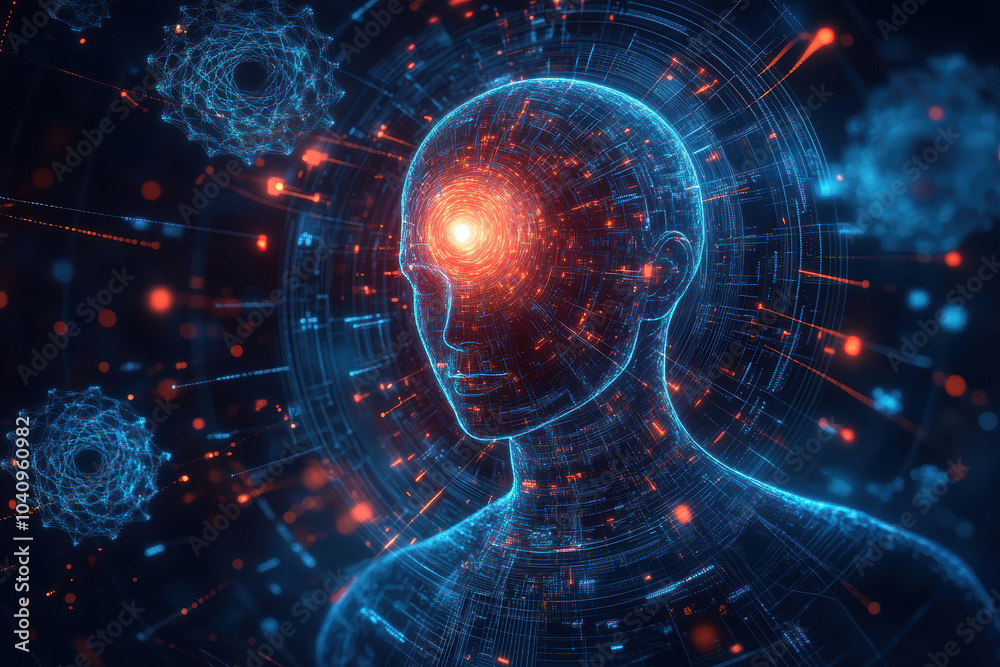 Obraz premium A computer generated image of a human brain with a red glowing eye. The image is surrounded by a blue background with a lot of red and blue dots. Scene is futuristic and somewhat eerie
