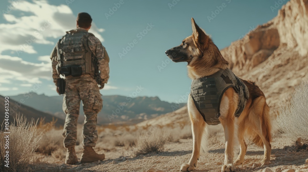 A soldier stands with a German shepherd in a rugged landscape, showcasing the bond and teamwork between military personnel and working dogs. A soldier stands with a German shepherd in a rugged landscape, showcasing the bond and teamwork between military personnel and working dogs.