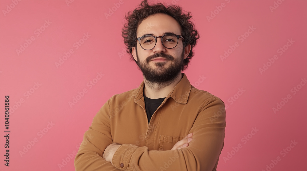 Portrait of a Confident Young Man with Curly Hair Wearing Glasses and a Brown Shirt Against a Pink Background Portrait of a Confident Young Man with Curly Hair Wearing Glasses and a Brown Shirt Against a Pink Background