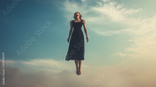 Mid-air beauty cought in moment. Full length shot of attractive young woman hovering in air and keeping eyes closed. Levitating in free falling, lack of gravity. Freedom, emotions, artwork concept.  photo