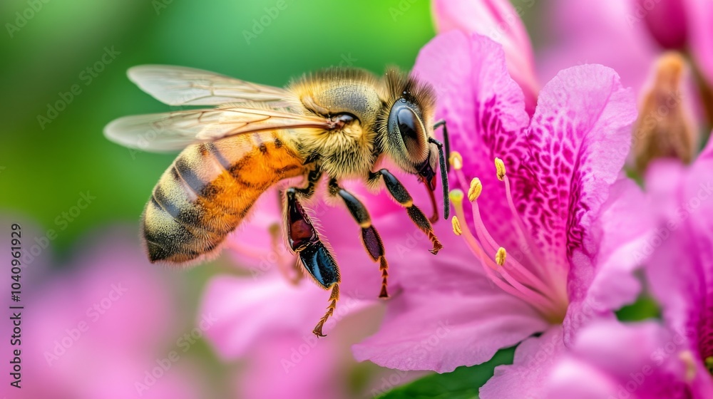 A Close-Up View of a Honeybee Collecting Nectar from a Pink Flower A Close-Up View of a Honeybee Collecting Nectar from a Pink Flower