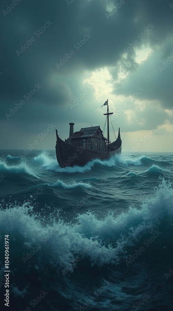 Fototapeta premium Noah's Ark navigating through a stormy sea with dark clouds