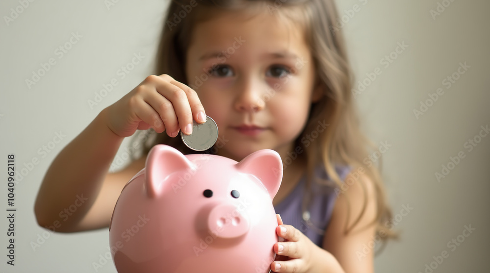 Young girl saving money by using a pink piggy bank at home Young girl saving money by using a pink piggy bank at home