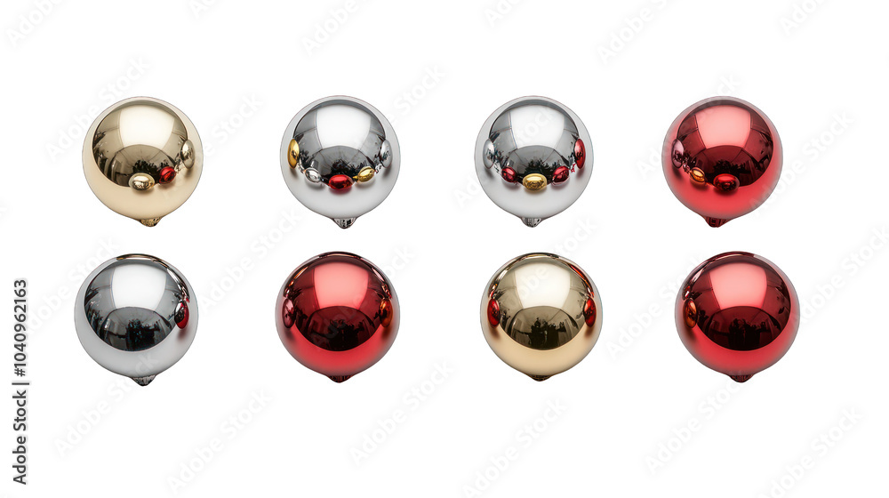 view of a collection of shiny Christmas bubbles in red transparant background view of a collection of shiny Christmas bubbles in red transparant background