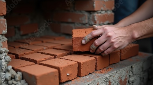 Bricklayer's hands constructing a stove with precision and skill