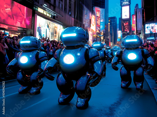 AI-Generated image of A group of robots are marching down a city street. The robots are all blue and have glowing lights on them. The scene is lively and energetic, with a large crowd of people watchi photo