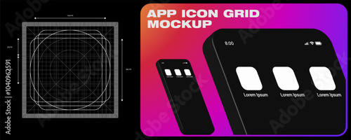 App icon grid Mockup. Icon template for mobile application, operating system. Vector with dimensions and development grid line. Mobile 3D