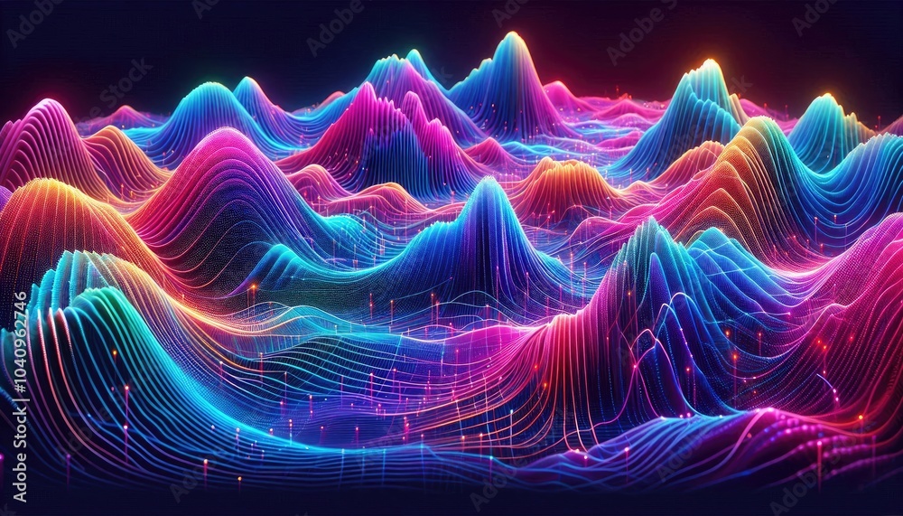 Hyper-Realistic Neon Wave Landscape: Futuristic Digital Artwork Featuring Vibrant Flowing Data Waves, Glowing Vertical Light Beams, and Dynamic Multi-Colored Lines in a Dark Setting