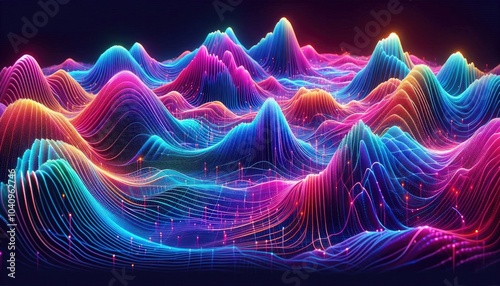 Obraz na płótnie Hyper-Realistic Neon Wave Landscape: Futuristic Digital Artwork Featuring Vibrant Flowing Data Waves, Glowing Vertical Light Beams, and Dynamic Multi-Colored Lines in a Dark Setting w salonie
