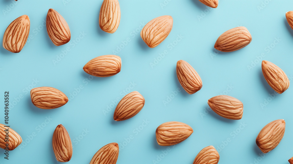 Almonds scattered in a minimalist pattern on vibrant blue background Almonds scattered in a minimalist pattern on vibrant blue background