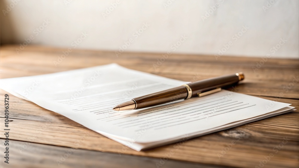 Minimalist Photograph of Legal Contract and Pen on Wooden Desk, Soft Natural Light Minimalist Photograph of Legal Contract and Pen on Wooden Desk, Soft Natural Light