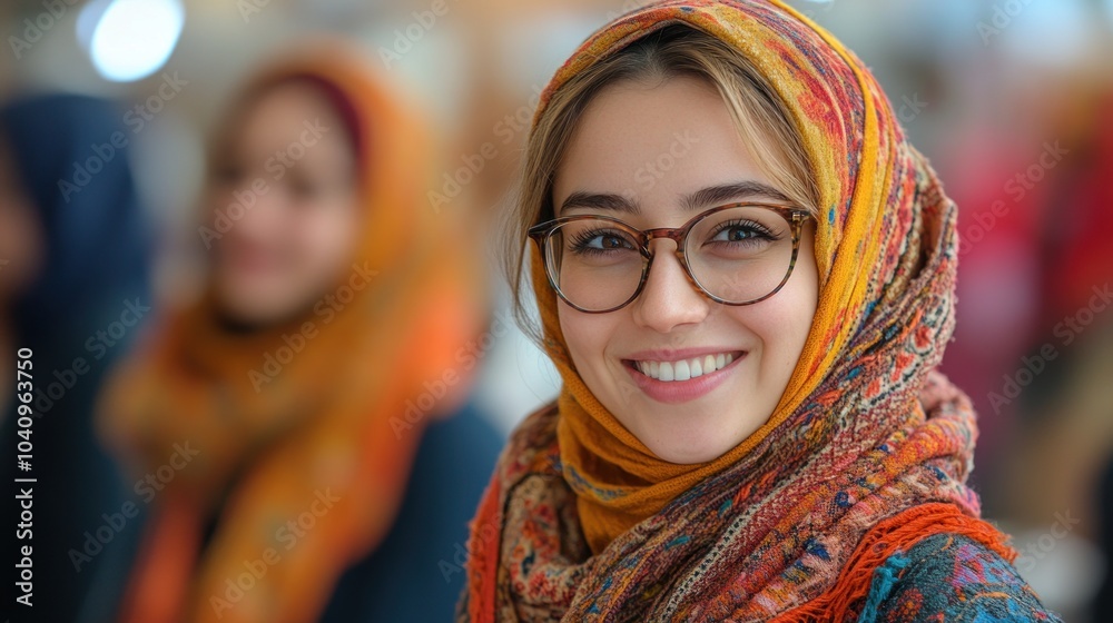 A smiling woman wearing glasses and a colorful scarf in a lively setting. A smiling woman wearing glasses and a colorful scarf in a lively setting.