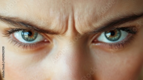 Close-up of a woman's angry eyes with furrowed brow