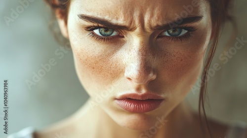 Close-up Portrait of a Woman with Green Eyes and Freckles, Frowning photo