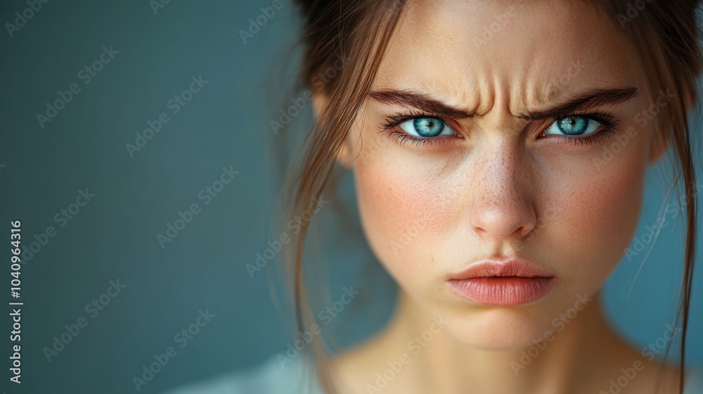 Close-up Portrait of a Woman with Blue Eyes and a Frowning Expression