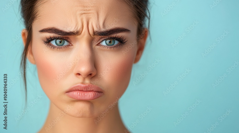 Close-up Portrait of a Young Woman with Frowning Expression and Blue Eyes