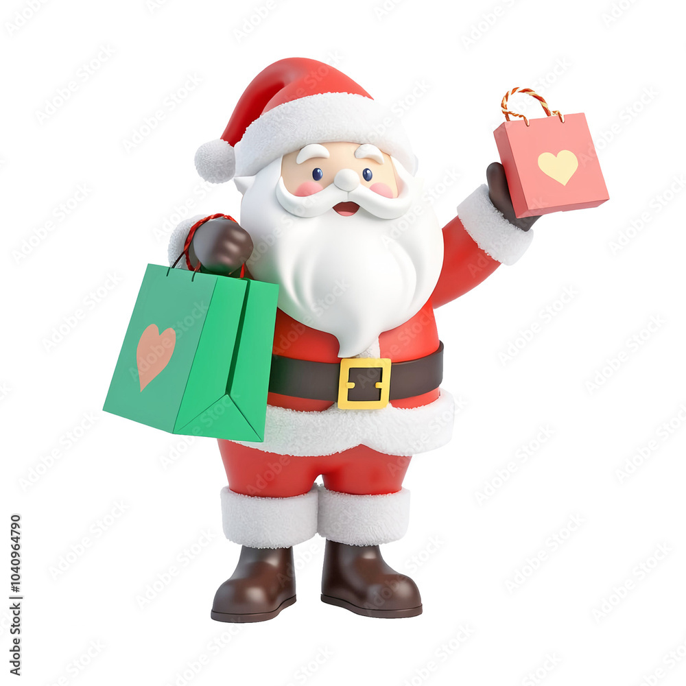 3D Santa Claus shopping design element on a white background with a modern and minimalist 3D Santa Claus shopping design element on a white background with a modern and minimalist