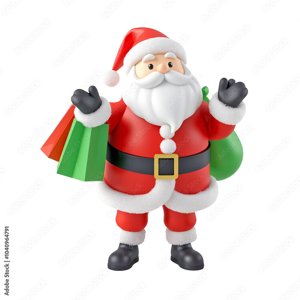 3D Santa Claus shopping design element on a white background with a modern and minimalist 3D Santa Claus shopping design element on a white background with a modern and minimalist