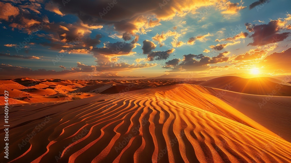 Naklejka premium Breathtaking Desert Landscape with Sand Dunes at Sunset